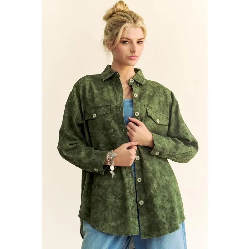 Davi & Dani Curved Hem Diamond Quilted Button Up Denim Shacket