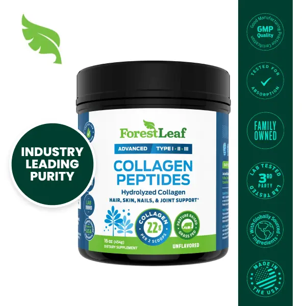 ForestLeaf Collagen Peptides Powder, Unflavored, Grass-Fed Hydrolyzed Collagen Types 1, 2 & 3 for Hair, Skin, Nails & Joints, 1 lb