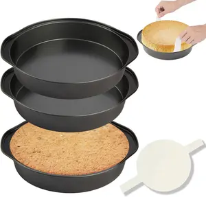 8-Inch Round Nonstick Carbon Steel Cake Pan Set - 3PCS Baking Tins with Handles, 100 Parchment Paper Sheets, Dishwasher-Safe Kitchen Bakeware