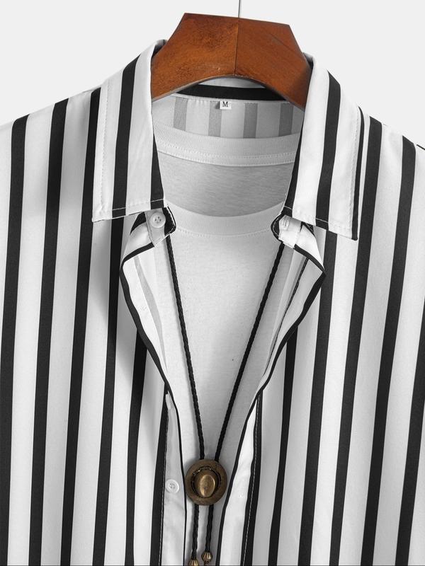 Men's Colorblock Striped Print Button Front Shirt & Shorts Set, Casual Short Sleeve Collared Top & Shorts, Men's Summer Clothes for Beach Vacation