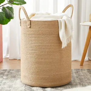 60L Large Jute Woven Laundry Hamper Tall Rattan Wicker Rope Storage Basket for Clothes Blanket 15Dx20H Inches for Living Room Bedroom