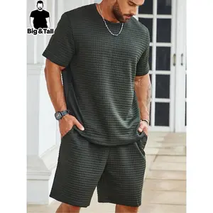 [Plus Size]two pieces Men's Solid Waffle Knit Short Sleeve Tee & Pocket Shorts Set, Regular Fit Casual Round Neck T-shirt & Track Shorts, Men's Summer Clothes  Menswear Suits Breathable Polo denim bib