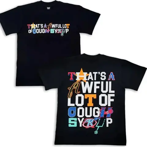 Men's Oversized Black Soft Knitted Cotton Fabric Tshirt - Unisex Fit, Bold Letter Mosaic Graphic, 'That's an Awful Lot of Cough Syrup' Patchwork Typography, Playful Icons, Breathable Menswear Sporty All-Seasons Casual Streetwear Tee