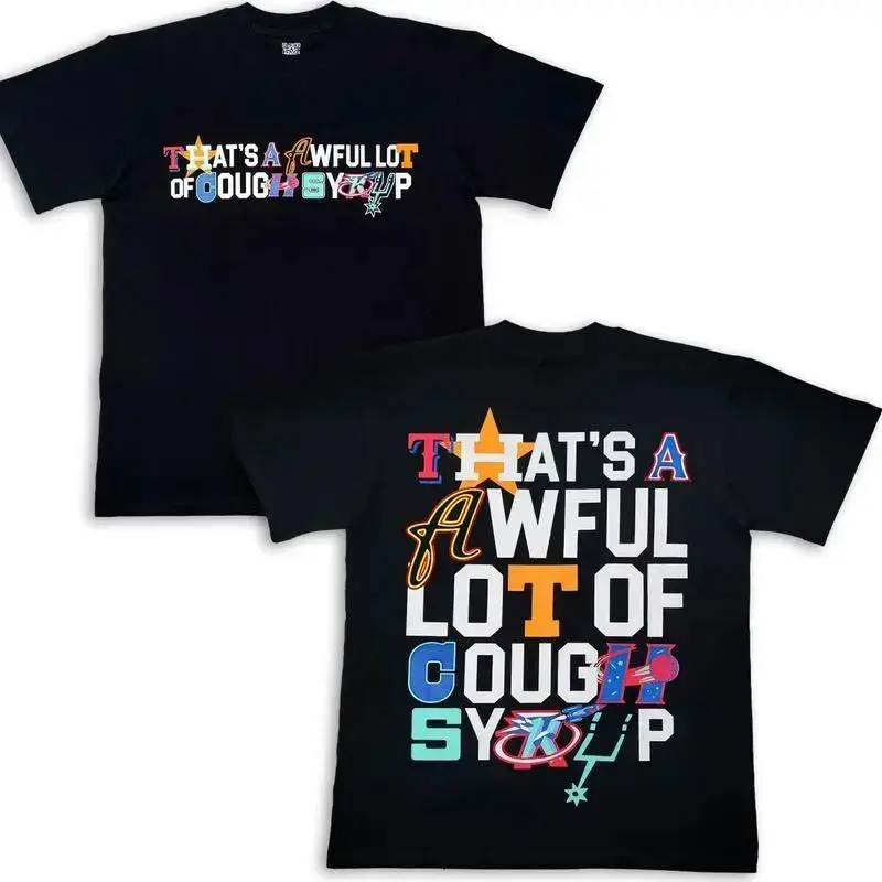 Men's Oversized Black Soft Knitted Cotton Fabric Tshirt - Unisex Fit, Bold Letter Mosaic Graphic, 'That's an Awful Lot of Cough Syrup' Patchwork Typography, Playful Icons, Breathable Menswear Sporty All-Seasons Casual Streetwear Tee