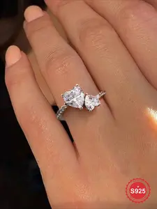 1 Pc Double Love Heart Zircon Engagement Rings, Elegant Engagement Ring, Heart shaped engagement ring, For Women Real S925 Sterling Silver Eternal Ring Promise Wedding Ring Ladies Jewelry Anniversary, Girlfriend, Birthday, Valentine's Day Gifts