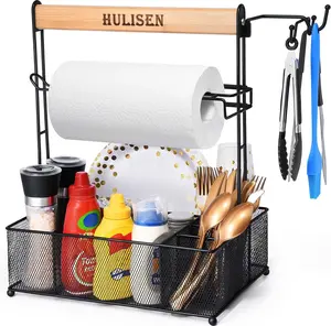 HULISEN Grill Caddy for Outdoor Grill, BBQ Caddy with Paper Towel Holder for Plates, Silverware, Utensils - Picnic & Barbeque & Camping Essentials Accessories for Tailgating, Camper, RV, Backyard