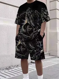 Casual Style 3D Print Set, Lightweight Polyester, Round Neck, Slim Fit, Short Sleeve Tee and Shorts, Versatile