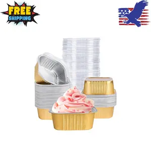 40 Pack Mini Cake Pans with Lids, 5oz Square Aluminum Foil Brownie Baking Cups Gold