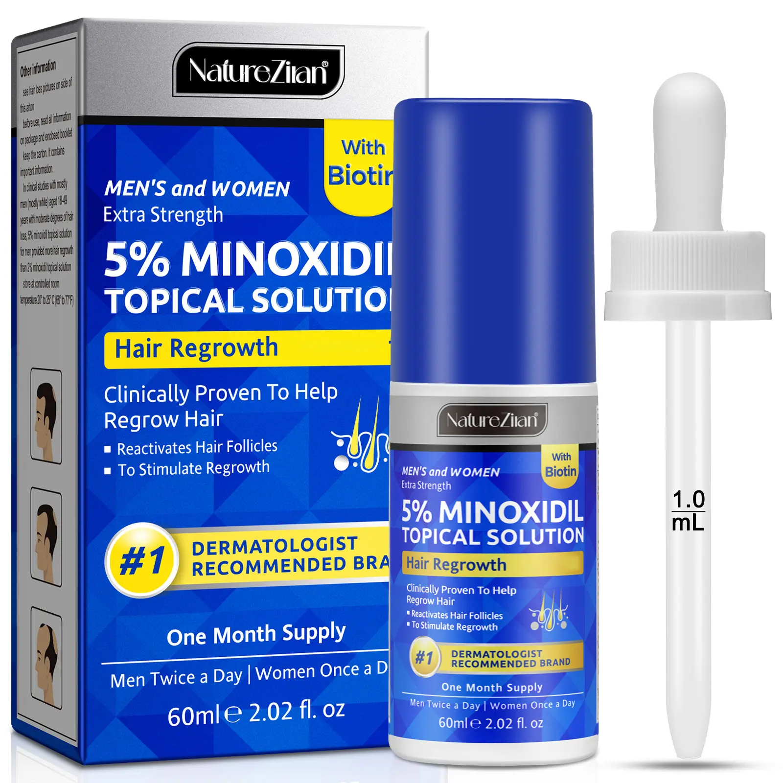Natureziran 5% Minoxidil Topical Solution 60ML, thickening regrowth formula, Minoxidil Drops for Hair Care, Makes Hair Thicker, Unisex, Suitable for Men and Women, Visibly Thicker Hair