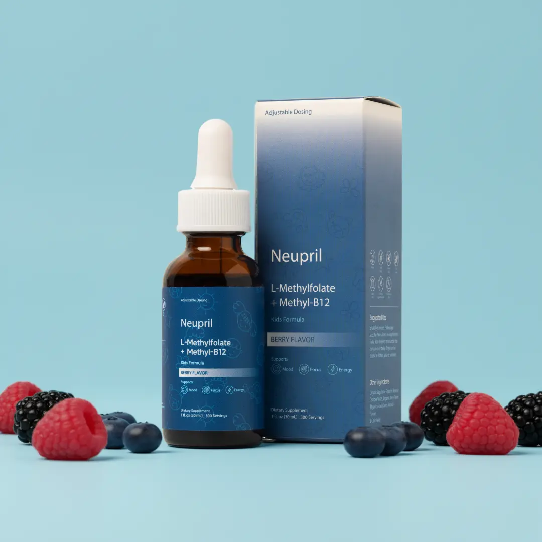 Neupril Pure | Kids Methylfolate & Methyl B12 Liquid Drops | Active Folate for MTHFR Gene Support | Focus, Mood, Energy & Development | No Synthetic Folic Acid | Dietary Supplement
