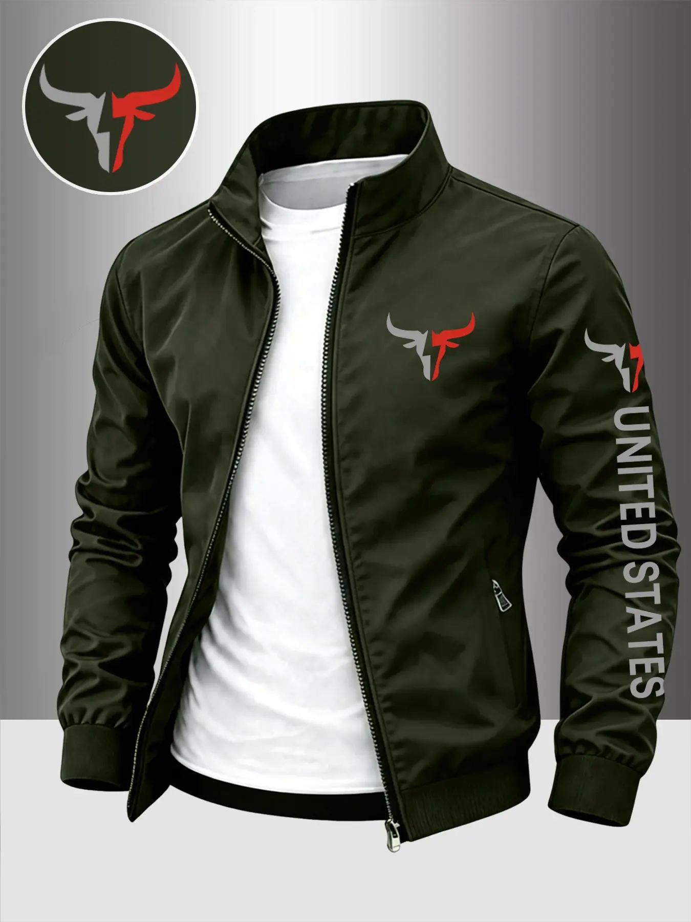 Men's Trendy Bull Flag Print Stand Collar Sport Jacket, Durable Casual Zipper Coat, Business Style Outdoor Wear, Slim Fit, Casual Sportswear Jacket, Perfect Gift