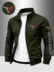 Men's Trendy Bull Flag Print Stand Collar Sport Jacket, Durable Casual Zipper Coat, Business Style Outdoor Wear, Slim Fit, Perfect Gift