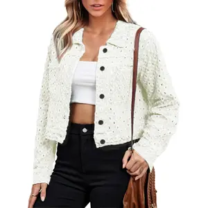 Casual Long Sleeve Distressed Button Down Cropped Denim Jacket Coats Western Trendy