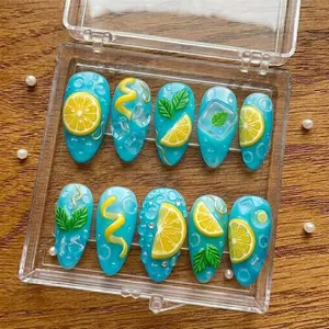 Refreshing Lemonade Press On Nails | Bright Summer Almond Nails | 3D Lemon Ice Cube Nail | Handmade Custom Nails | Tropical Vacation Nails
