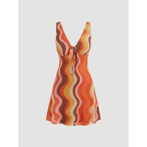 Cider [size 0-10] Mesh V-neck Abstract Wave Knotted Mini Dress