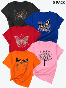 Summer New Letter Heart Print Short Sleeve T-Shirts, 5 Pcs Set, Blue, High-Quality Women's Sports Tops, Casual Fitted Style