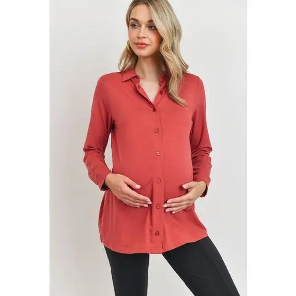 Hello Miz Rust Button Up Maternity Blouse Top