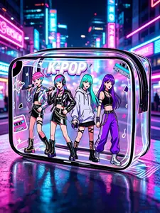 Transparent Makeup Bag with K-Pop Cartoon Design, Durable Zipper, Lightweight, Airport-Friendly, Ideal for Travel and Daily Use