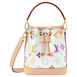 Louis Vuitton x Takashi Murakami Nano Noé Bucket Bag for Women, Monogram-Coated Canvas, White and Brown