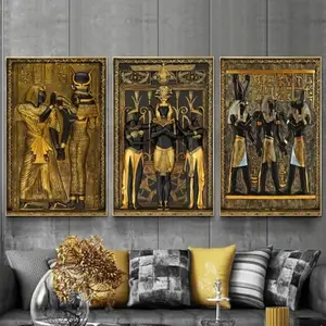 3pcs Wooden Frame Canvas Poster Set, Vintage Gold Egyptian Wall Art, Human Figure Painting Gift, Bedroom Living Room Dorm Corridor Decor, Modern Home Decor