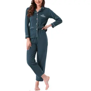 INSPIRE CHIC Women's Cotton Lounge Set Ribbed Button Up Long Sleeve Pattern Pajama Set Loungewear Pants with Pocket X-Large Lake Blue