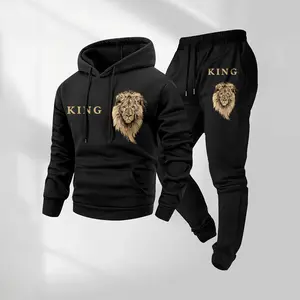 Men's King Letter Pattern Print Hoodie and Drawstring Sweatpants Set, Menswear, Casual Athletic Long Sleeve Hooded Jacket & Trousers for Fall & Winter, Men's Clothing for Daily Wear, Sportswear Indoor Outdoor, Tracksuit, Athleisure