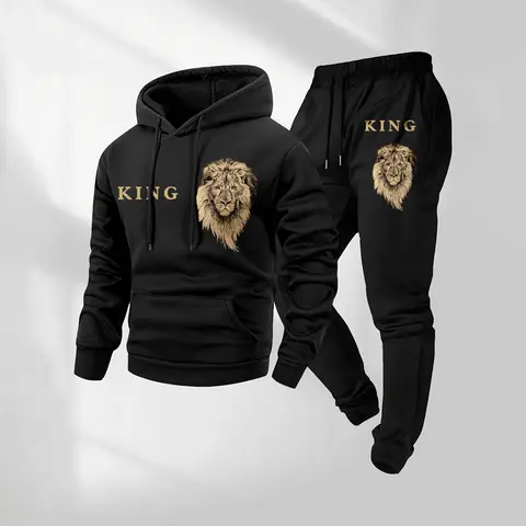Men's King Letter Pattern Print Hoodie and Drawstring Sweatpants Set, Menswear, Casual Athletic Long Sleeve Hooded Jacket & Trousers for Fall & Winter, Men's Clothing for Daily Wear, Sportswear Indoor Outdoor, Tracksuit, Athleisure