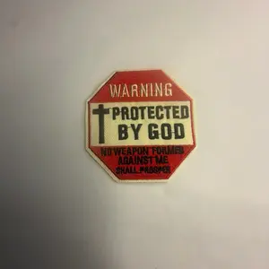 Warning protected by God iron on patch