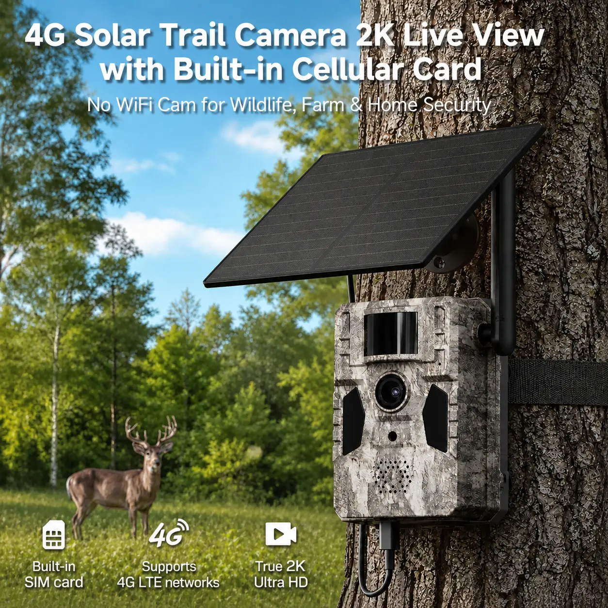 4G LTE Solar Powered Hunting Trail Camera 2K Live Feed 0.1s Fast PIR Trigger Low-Glow Night Vision IP66 Waterproof Remote Control APP Control Wildlife Game Cam Built-In Cellular Card No Wi-Fi, Requires 4G Unlimited Data Plan Activation