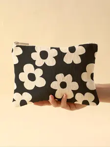 Flower Pattern Corduroy Makeup Bag, Lightweight Zipper Makeup Organizer, Multifunctional Cosmetic Storage Bag for Toiletries and Accessories, Travel Cosmetic Bag