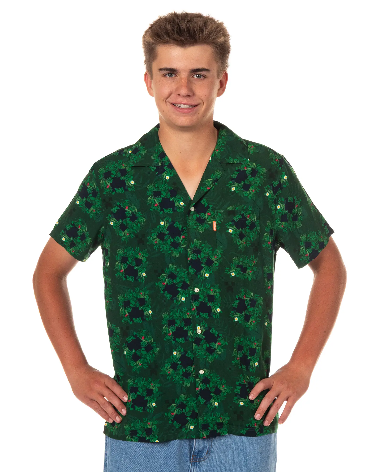 Minecraft Hawaiian Shirt Men's Vegetation Creeper Button Up Top (X-Small)
