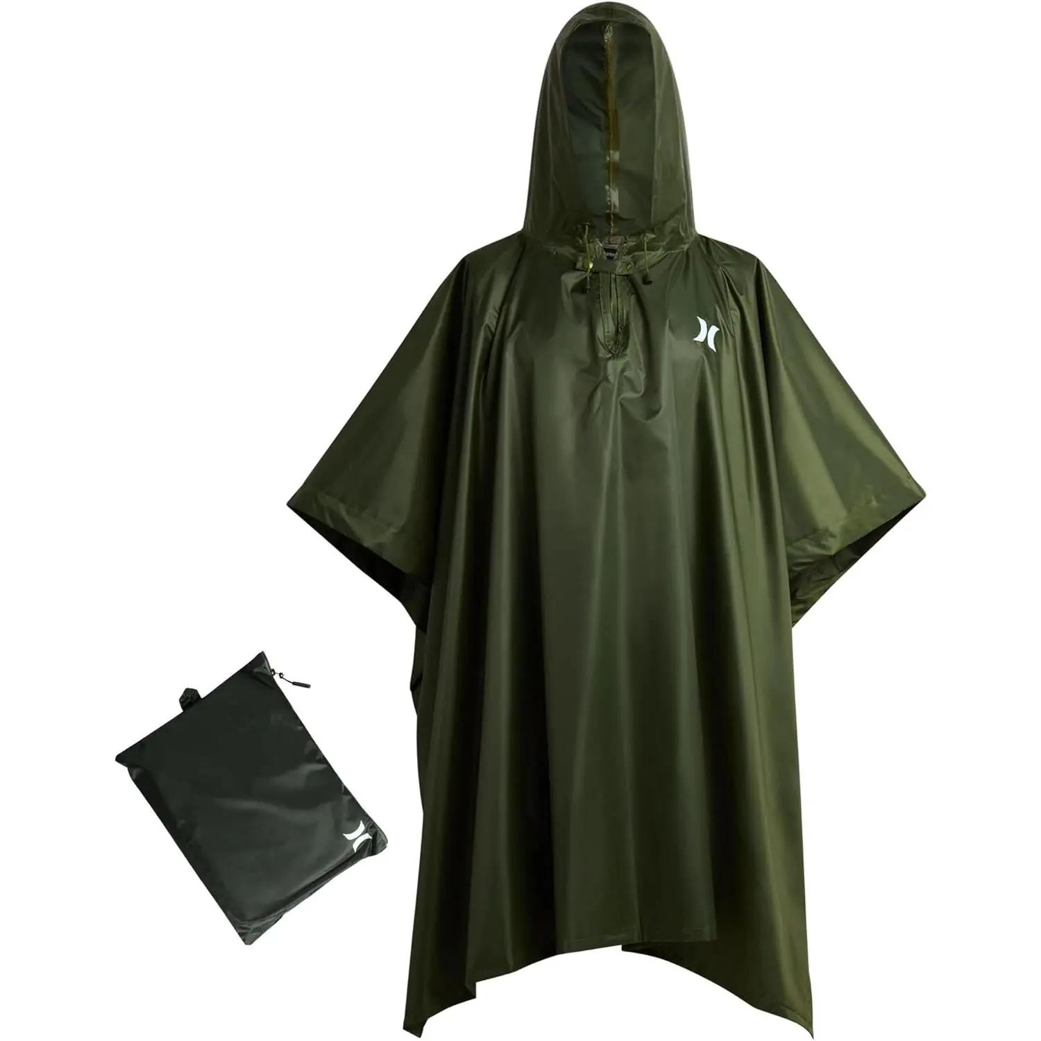 Reusable Waterproof Rain Poncho for Male & Female Adults, Black & Olive, Lightweight Packable with Hood, Snap Closure, Heat-Sealed Seams for Hiking, Camping, One Size