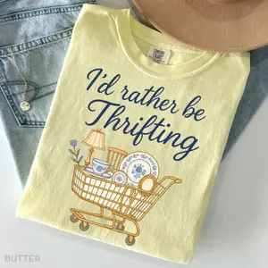 Comfort Colors I’d Rather Be Thrifting Shirt, Thrift Aesthetic Shirt, Blue And Gold Vintage Sweater, Retro Thrifting Graphic Tee, Boutique Style