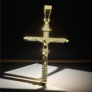 Gold Plated Slim Cross Pendant 14k with Diamonds - Elegant Gold Finish, Sparkling Design for Jewelry Collection