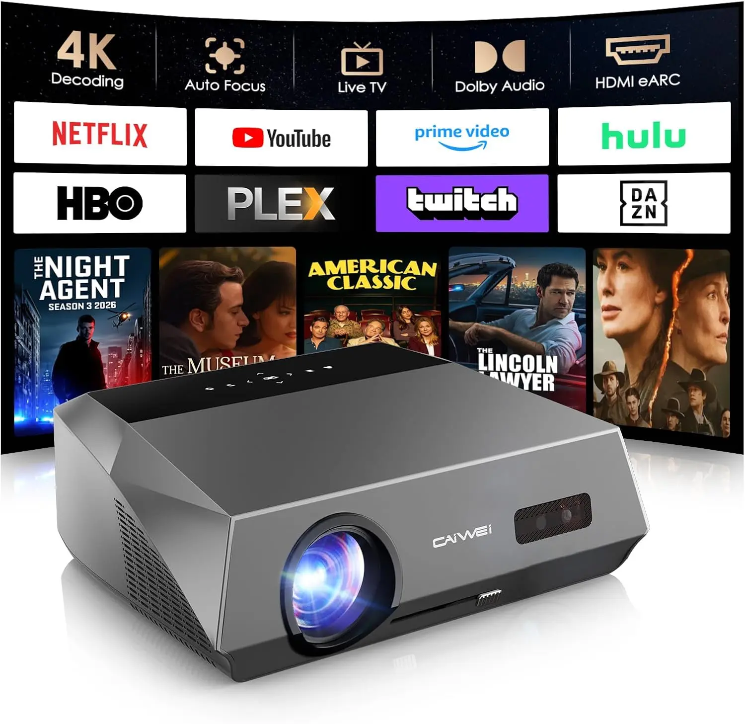 Smart Projector Decoding 4K,True 2300ANSI Daylight LED Projectors 1080P Native, Dolby Audio, Auto Focus,WiFi6,Bluetooth,HDMI eARC/CEC, HDR10 Proyector for Home Theater Outdoor Movie Night Gaming Ceiling