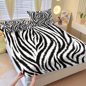 Zebra Pattern Fitted Sheet Set, 1 Fitted Sheet & 2 Coreless Pillowcases, Hand-Drawn Black-White Zebra Design, American Retro Fashion Bedding Non-slip, Soft Breathable Fabric, Trendy Individualist Bedroom Decor