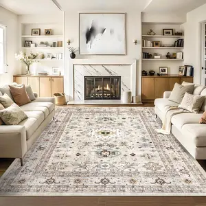 GARVEE 8x10 Area Rug Anti-Slip Washable Living Room Rug Indoor Soft Floor Cover Vintage Floor Mat Low Pile Ultra-Thin Bedroom Rug Oriental Distressed Kitchen Rug for Nursery Dining Room Office Beige