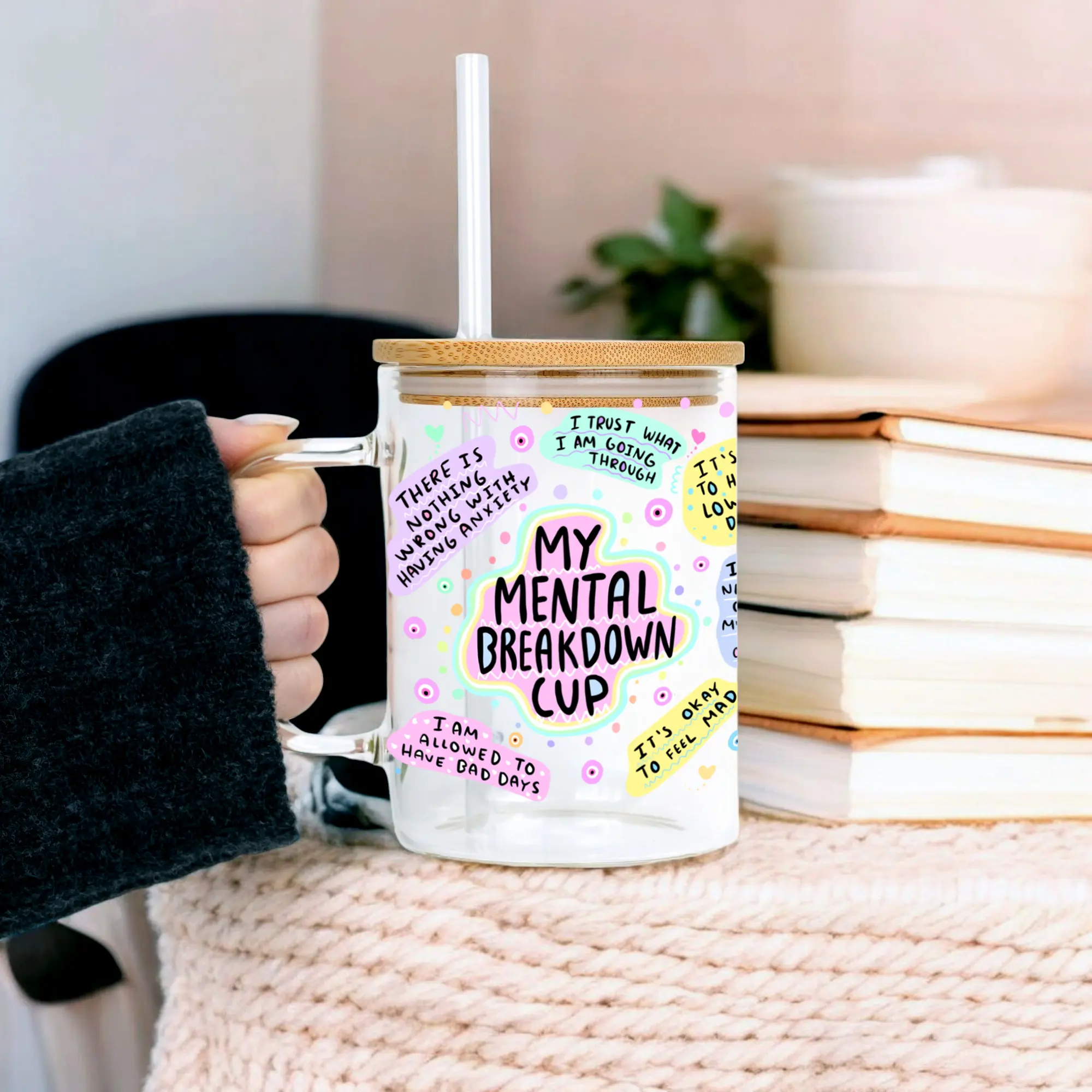 Mental Breakdown 17oz Glass Mug with Lid and Straw, Iced Coffee Drinkware, Gift for Her, water bottle for women, mental health gifts, Glossy, Printed