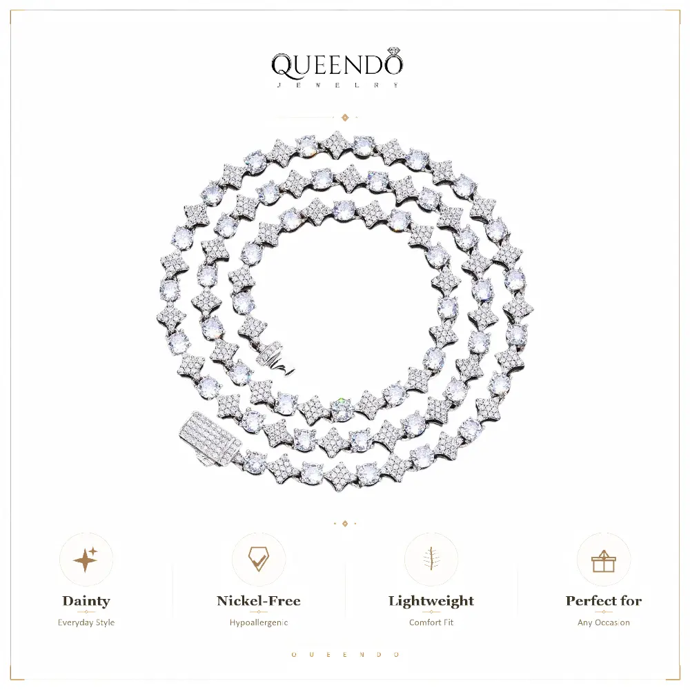 QUEENDO Star-Shape Iced Tennis Chain Necklace, Round Stone Star Link Design, 3-Color (Gold, Silver, Rose Gold), Adjustable Box Clasp Unisex Hip Hop Jewelry for Daily Wear & Gifting