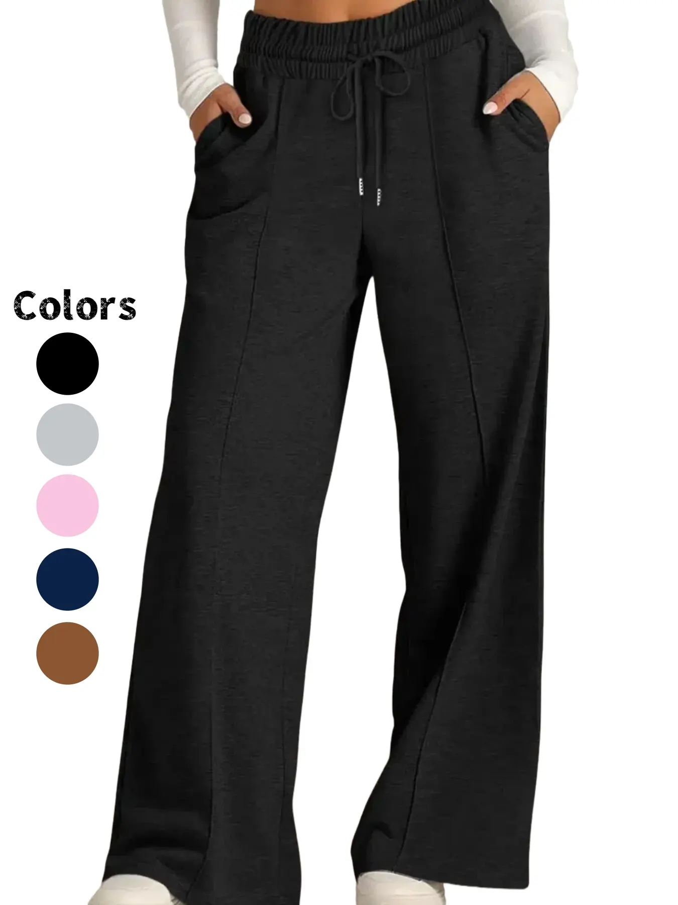Women's Knit High Waist Drawstring Wide Leg Pants, Casual High Waisted Basic Casual Elastic Waist Long Trousers with Pockets, All Seasons Wearable Home Clothes Womenswear