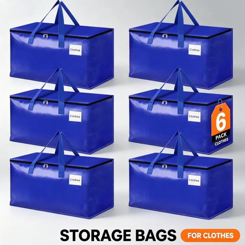 Large Moving Bags, 6 Pack Blue Heavy Duty Totes For Storagewith Visible Labels , Wrap Around Handles, Storage Bags for Space Saving, Change of seasons Alternative to Moving Boxes,moving essentials,dorm essentials