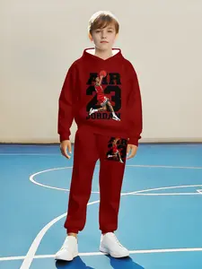 Boys' Wine Air Jordan23 Set Hoodie & Jogger Pants, Casual Sportswear, Fitted Style, Regular Length, Fall&winter