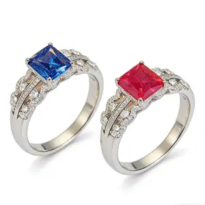 Women’s luxury vintage fashion jewelry: two-wear red jade blue crystal ring with square diamond setting