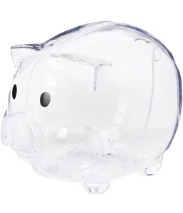 PLASTIC PIGGY BANK 5”X 4”x4"- SAVE COINS CASH FUN FOR KIDS CLEAR - Transparent Decor Ornaments