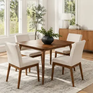 ARCH 5-Piece Dining Table Set for 4, Mid-Century Modern Rectangular Table with Solid Rubberwood Frame and 4 Upholstered Chairs with Foam Cushions, Walnut and Light Beige, Dining Room Furniture Set for Small Family, Light beige/Walnut Color Options