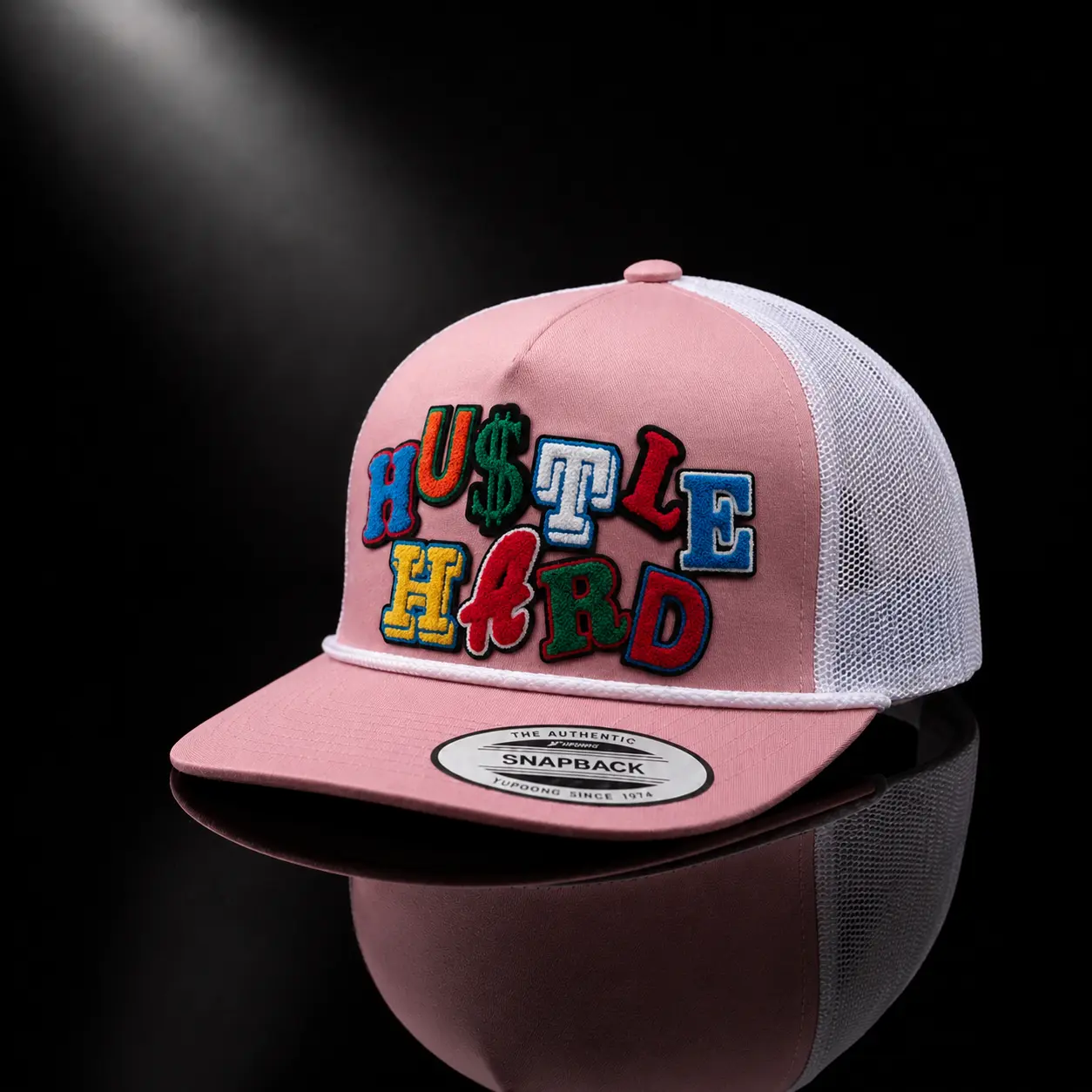 “HUSTLE HARD Color Pop Trucker Hat – Pink White Mesh Snapback Cap, Bold Streetwear Y2K Motivational Unisex Cap”