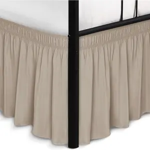 Wrap Around Bed Skirts with Split Corners for Queen Beds 15" Drop, Light Camel Elastic Dust Ruffles Wrinkle Resistant Luxurious Machine Washable