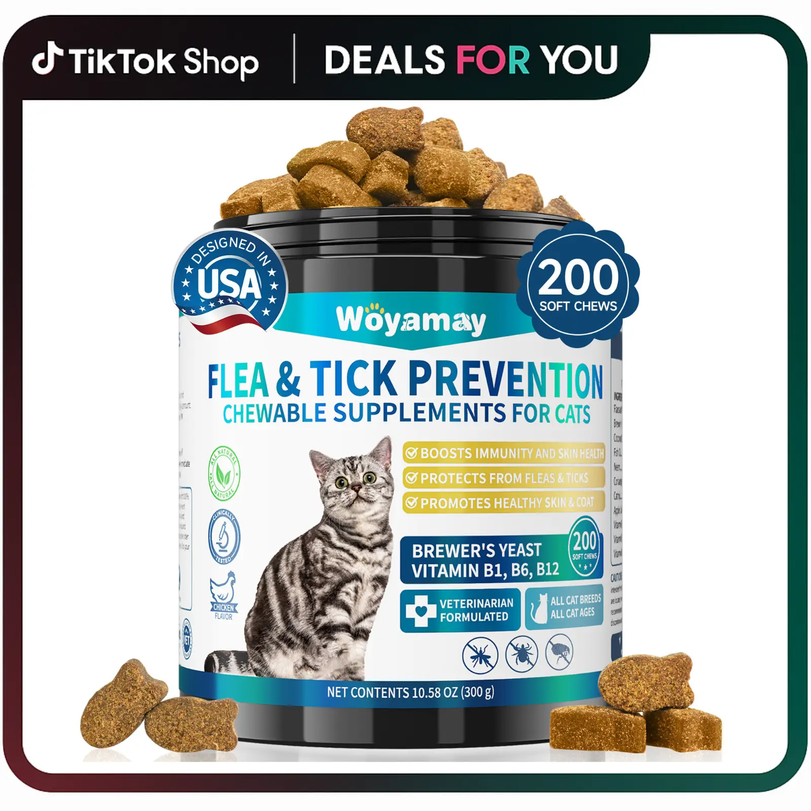 Woyamay 200 Cts Flea & Tick Support for Cats Chewables, Natural Soft Chews Flea and Tick Defense with Omega-3 and Vitamin, Daily Use Flea and Tick Awa