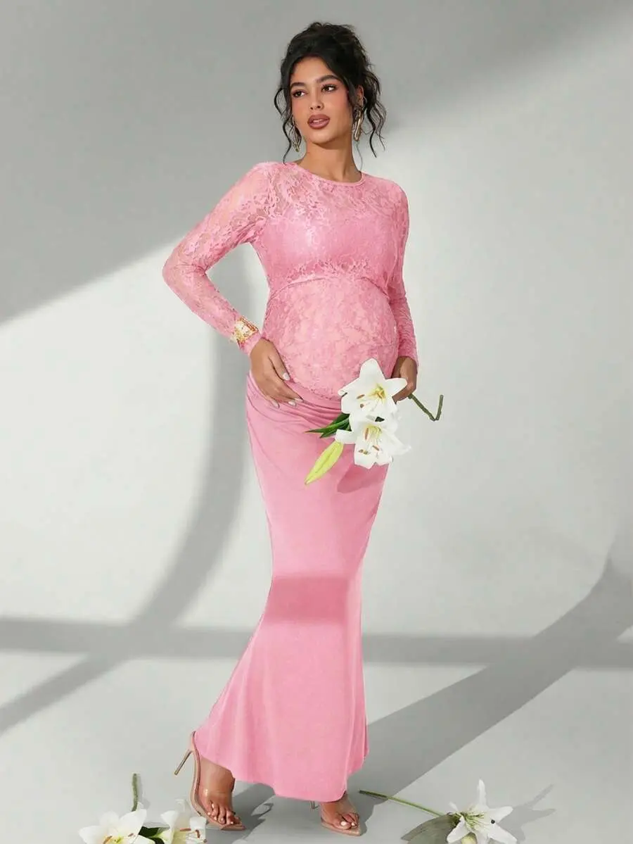 LAFERLIN  Maternity Solid Color Lace Long Sleeve Long Ruffle Mermaid Maternity Photography Dress Ladies Special Occasion Dresses Maternity Formal Wear Women's Evening Dress Pink Lace Long Sleeve Dress Reception Dress For Women Women Maternity Dresses Ladi