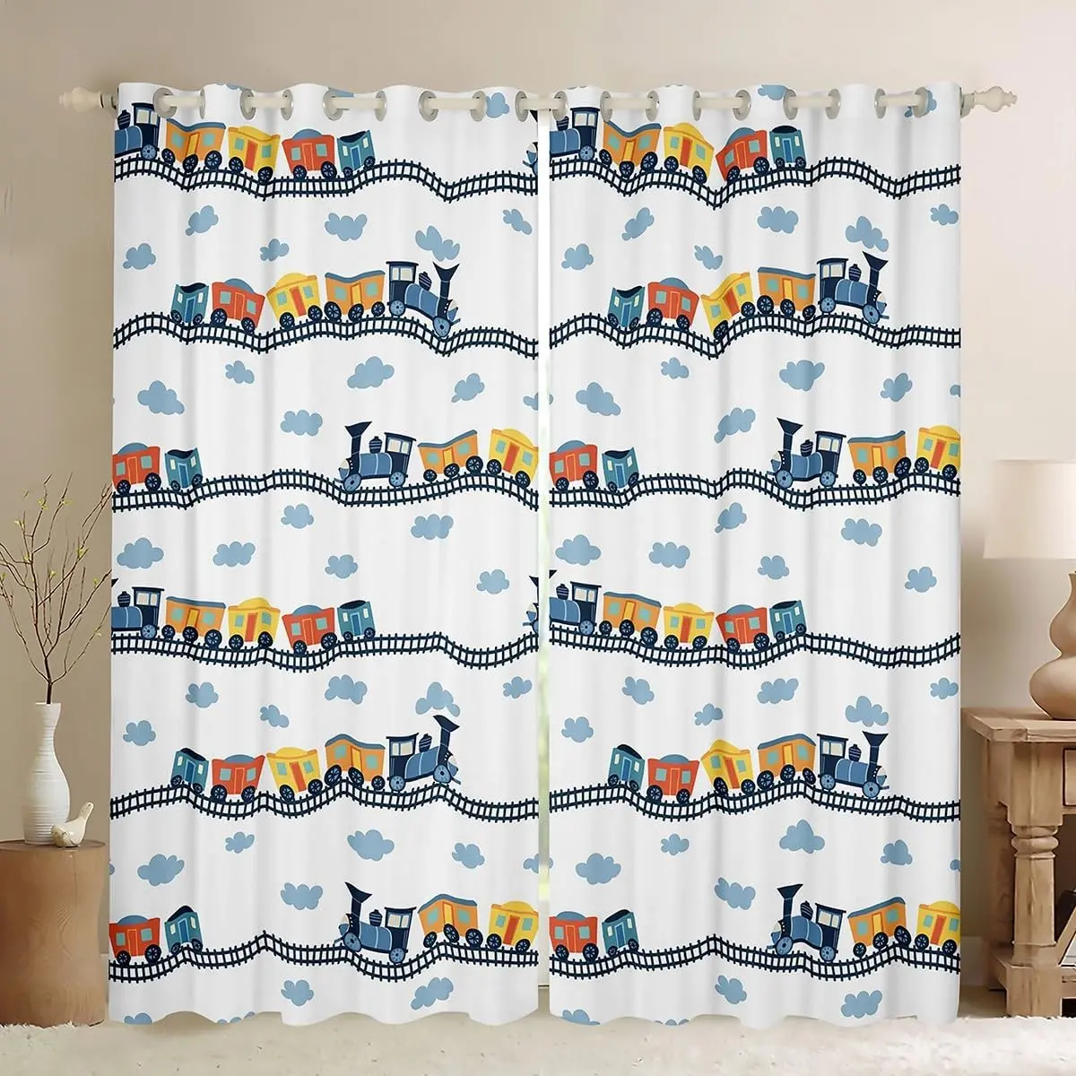 Feelyou Blackout Privacy Grommet Curtain Panels - 2-Panel Home Decoration Curtains with Grommet Detailing, Cute Steam Engine, Kawaii Train, Construction Vehicle Cartoon Designs, Home Decoration Curtain